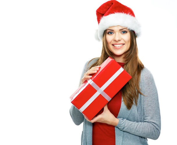 Santa Girl holding red gift box - Zdjęcie, obraz