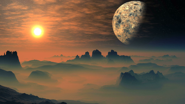 Brillante salida del sol sobre los alienígenas del planeta Misty - Imágenes, Vídeo