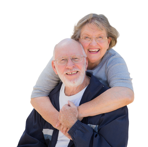Heureux couple aîné étreignant et riant sur blanc
 - Photo, image
