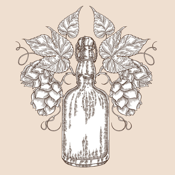 ホップ植物と手描き下ろしビール瓶。アルコール ドリンク スケッチ vec - ベクター画像