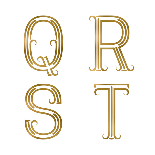 Q、R、S、T の黄金文字。華麗さと線のフォント. - ベクター画像