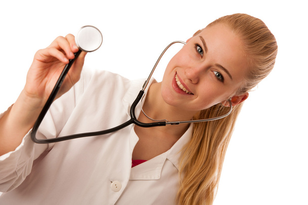 Woman doctor listen to heartbeating with stethoscope. - Zdjęcie, obraz