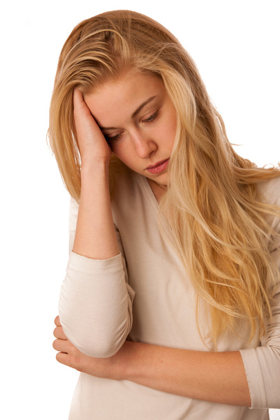 Sick woman with flu, fever and headache or migraine isolated ove - Photo, Image
