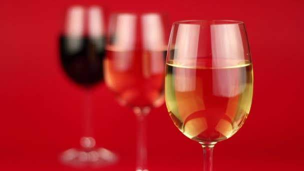 Witte wijn, ros wijn en rode wijn op rode achtergrond met focus verandert - Video