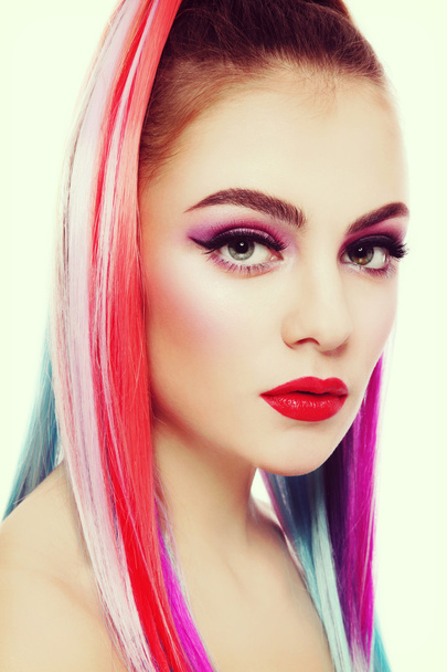 Beautiful girl with colorful ponytail  - Zdjęcie, obraz