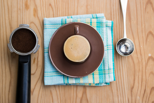 Espresso cup with handle, metal spoon and tamper - Φωτογραφία, εικόνα
