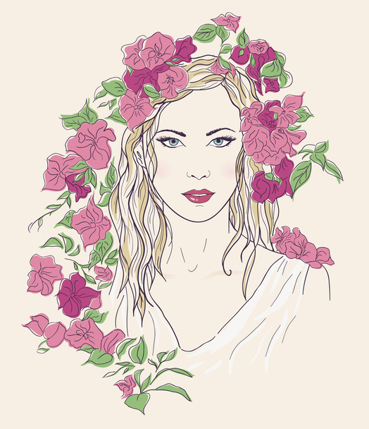 Young pretty woman. Drawn elegant girl in flowers. Romantic lady - Vector, Image
