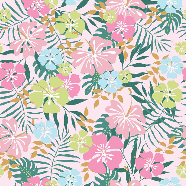 Hawaiian seamless pattern with flowers and palms leafes - Vektor, obrázek