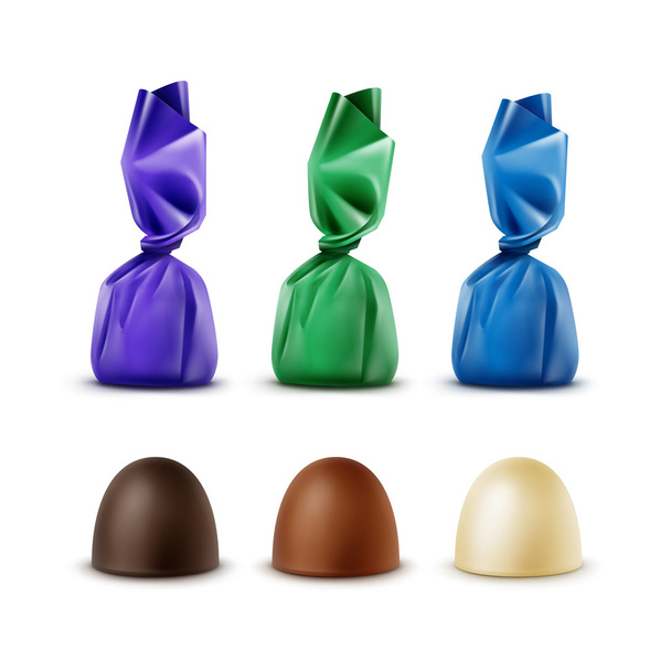 Vektor-Set von realistischen dunkelschwarzen bitteren weißen Milchschokolade Bonbons in farbigen grün blau violett glänzende Folienverpackung in Nahaufnahme isoliert auf weißem Hintergrund - Vektor, Bild