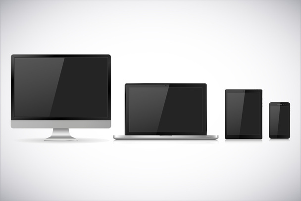 Vektorový ilustrace moderního monitoru, laptopu, tabletu a mobilního telefonu. Různé moderní elektronické miniaplikace izolované na bílém pozadí. Vektorový ilustrace Eps10 pro návrh webu - Vektor, obrázek