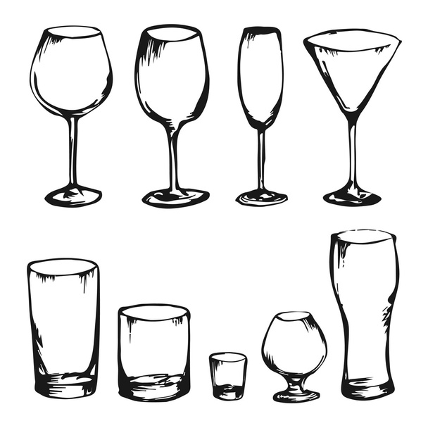 Handgezeichnete Alkoholgläser. Drink Coctails Sammlung Sketch. - Vektor, Bild