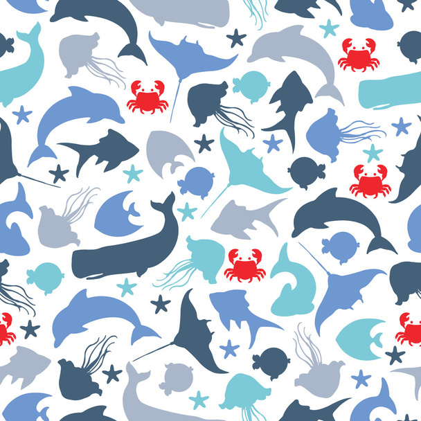 Nahtloses Muster mit Unterwasserfischen, Delfinen, Blauwalen und Krabben - Vektor, Bild