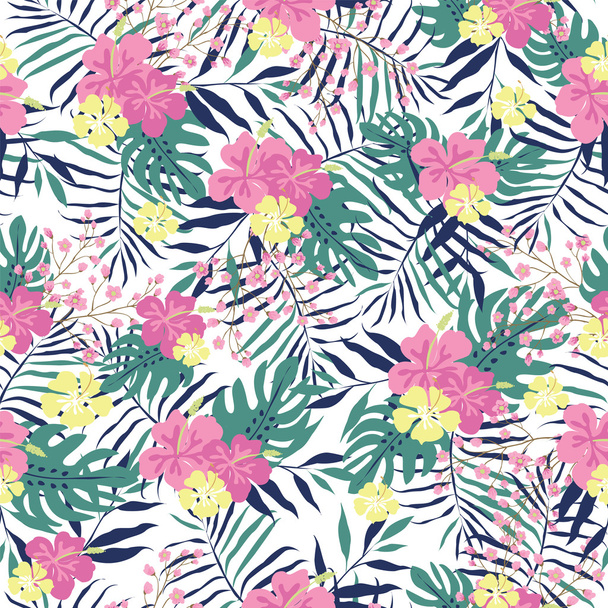 花やヤシの木 leafes のハワイアンのシームレス パターン - ベクター画像