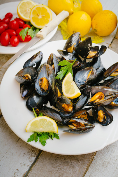 Cooked and served mussels - Photo, Image