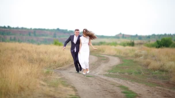 bride and groom walking along the road in a field - Footage, Video