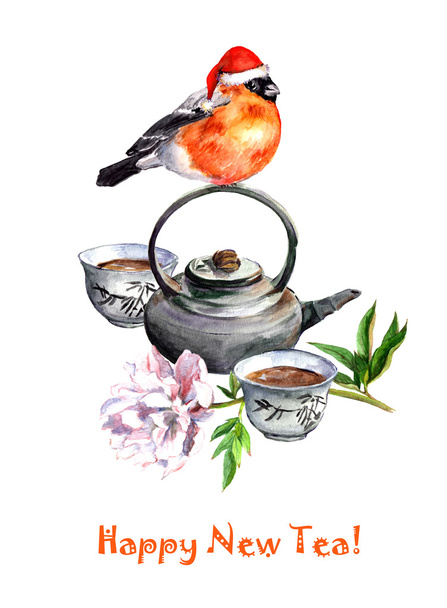 Greeting card - teapot, tea and christmas bird. Watercolor - Fotografie, Obrázek