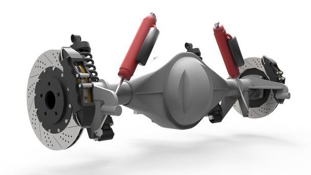 Rear axle assembly with suspension and brakes. Red dampers. 3d illustration. - Photo, Image