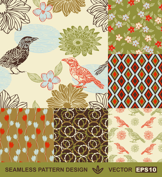 Abstract birds backgrounds set, graphic flowers vector wallpapers, seamless patterns, fabrics and wrappings with geometric ornaments; summer, spring and autumn theme decoration and design - Vector, Image