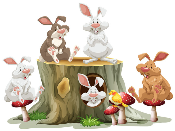 Pět králíků, sedí na log - Vektor, obrázek