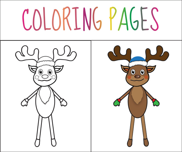 Libro para colorear página, venado, año nuevo, Navidad. Dibujo y versión en color. Colorear para niños. Ilustración vectorial
 - Vector, imagen