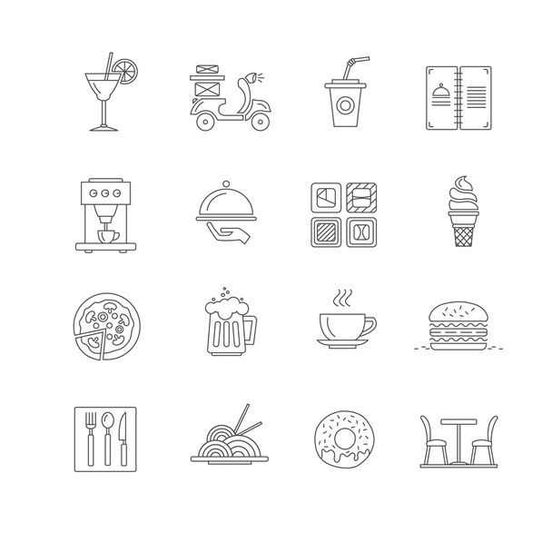 Set di icone a righe sottili. Icone per ristorante, fast food, caffetteria e consegna di cibo
. - Vettoriali, immagini