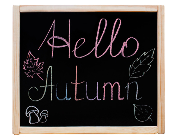Kirjoitus "Hello Autumn" kirjoitettu liitutaulu puurunko, värikäs liitu. Sivuilla maalattu lehdet puita ja sieniä
. - Valokuva, kuva