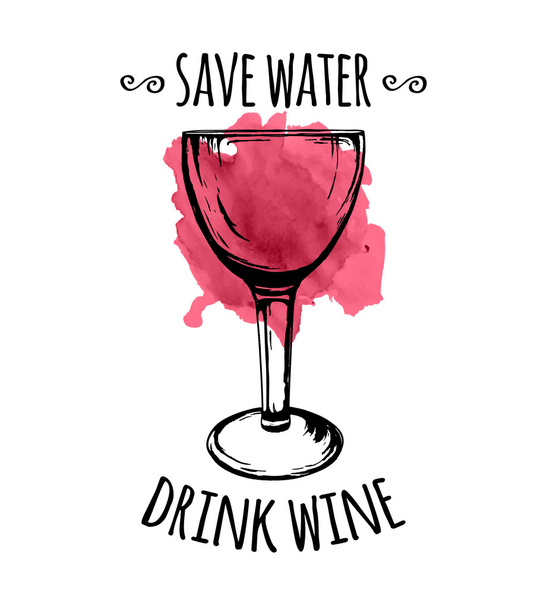 Illustration vectorielle du croquis en verre de vin avec tache de vin renversée et phrase "Économisez l'eau, buvez du vin" isolée sur fond blanc. Style dessiné à la main
. - Vecteur, image