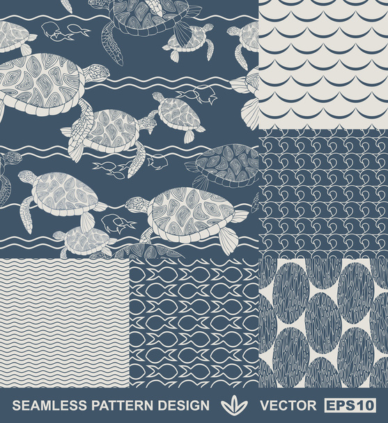 Abstract ocean backgrounds set, sea and beach theme, fashion retro seamless pattern, monochrome vector wallpaper, beautiful vintage fabric, blue wrapping; turtle, fish geometric ornaments for design - Vector, Image