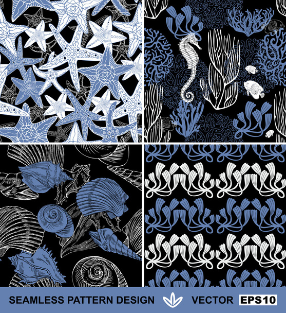 Underwater abstract backgrounds set, sea theme fashion seamless patterns, beautiful vector wallpapers, exotic fabrics, wrapping with seahorses, shells, starfish and corals ornaments for design - Vector, Image