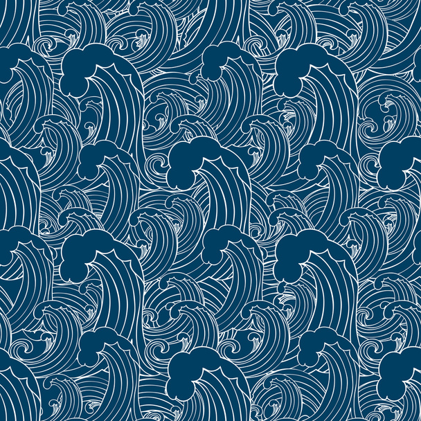Abstract sea background, wave theme fashion seamless pattern, monochrome vector wallpaper, creative vintage fabric, fantasy blue wrapping with wave ornaments - summer, maritime theme for design - Vector, Image
