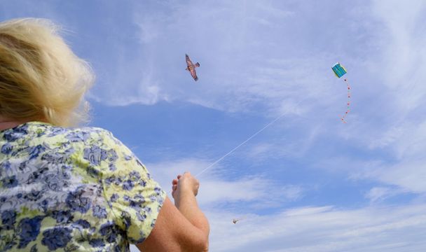 Люди запускают воздушных змеев на пляже
 - Фото, изображение