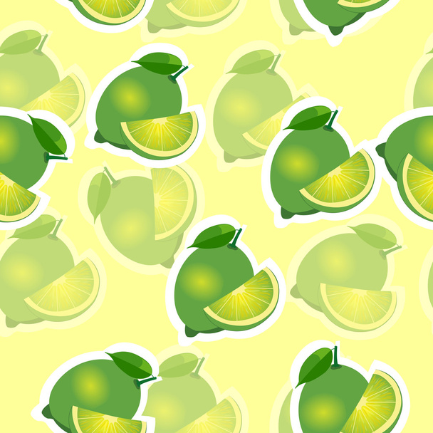 Pattern. lime and leaves and slises same sizes on yellow background. Transparency lime. - Vector, Image