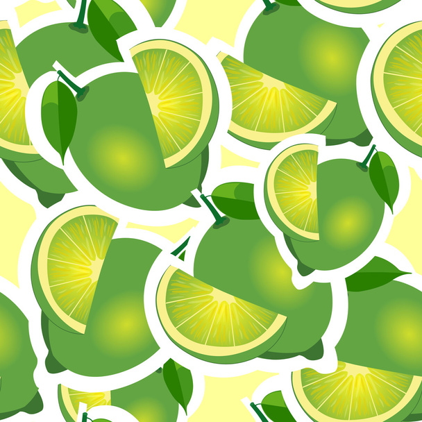 Pattern. lime and leaves different big sizes on yellow background. - Vector, Image
