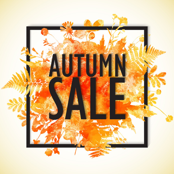 Autumn big sale - watercolor banner with orange folliage - Vector, Image