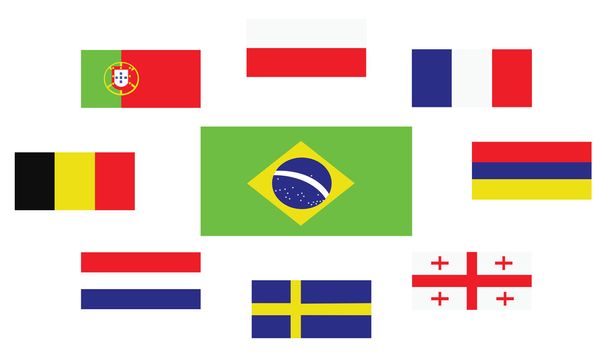 Länderfahnen, Brasilien, Portugal, Belgien, Schweden, Frankreich, Georgien, Niederlande, Polen und Armenien. digitales Vektorbild - Vektor, Bild