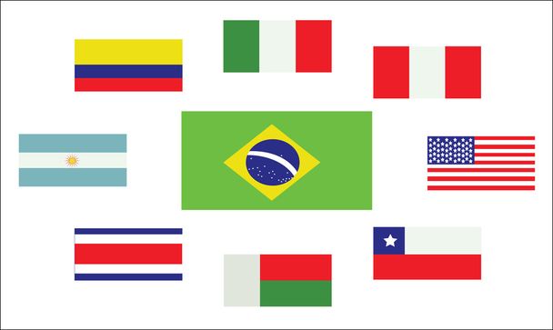 Set of country flags, Brasil, Argentina, Italy, Peru, USA, Chile, Costa Rica, Colombia and Madagascar. Digital vector image - Vector, Imagen