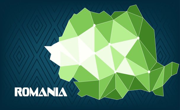 Rumunia Mapa kraju projekt z zielonym i białym trójkątów na ciemnym tle niebieskim z kwadratów. Cyfrowy obraz wektorowy - Wektor, obraz