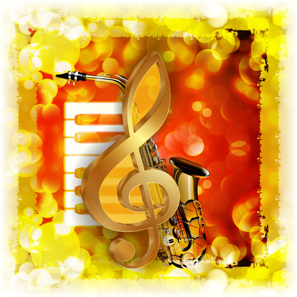 treble clef with saxophone and piano bright background - Vector, Image
