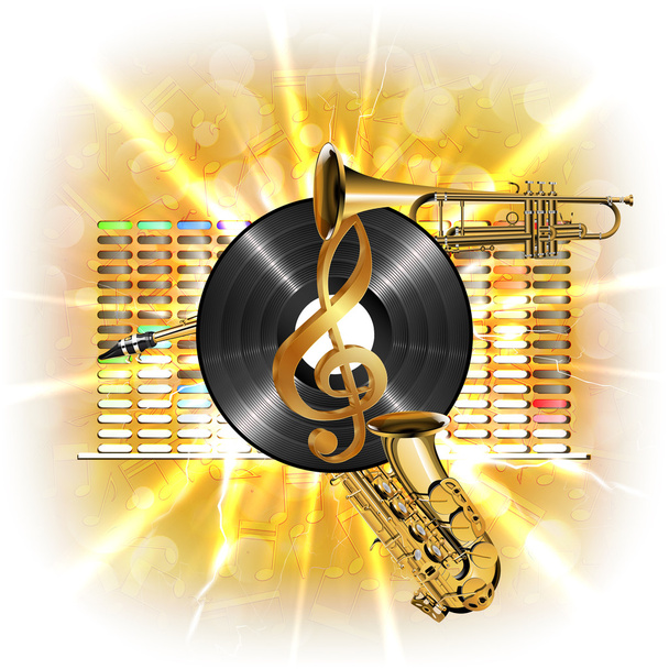 music in flash, treble clef, vinyl sax and trumpet - Vector, Image