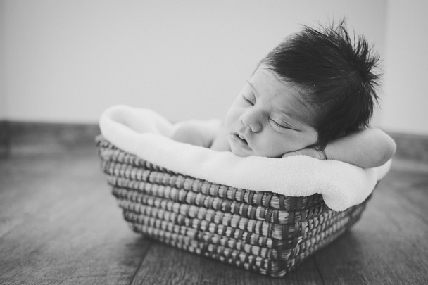 Portrait vintage d'un nouveau-né doux sur un panier
 - Photo, image
