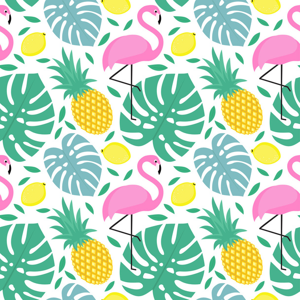 Бесшовный узор с фламинго, ананасом, лимонами и зеленой пальмой
 - Вектор,изображение