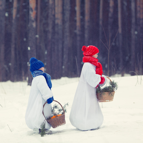Happy brother and sister in costumes snowman walking in winter forest, - Foto, imagen