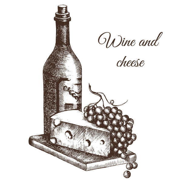 Handgezeichnete Illustration Flasche Wein, Käse und Trauben in grafischem Stil. Skizze.  - Vektor, Bild
