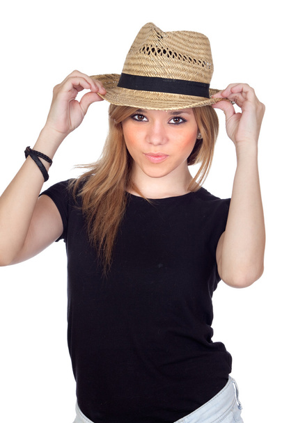 Teen rebellious girl with a straw cap - Photo, image