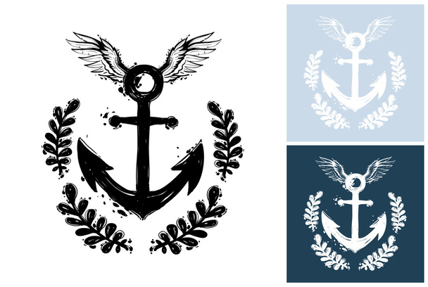 Hand drawn graphic flying laurel anchor - Vector, Image