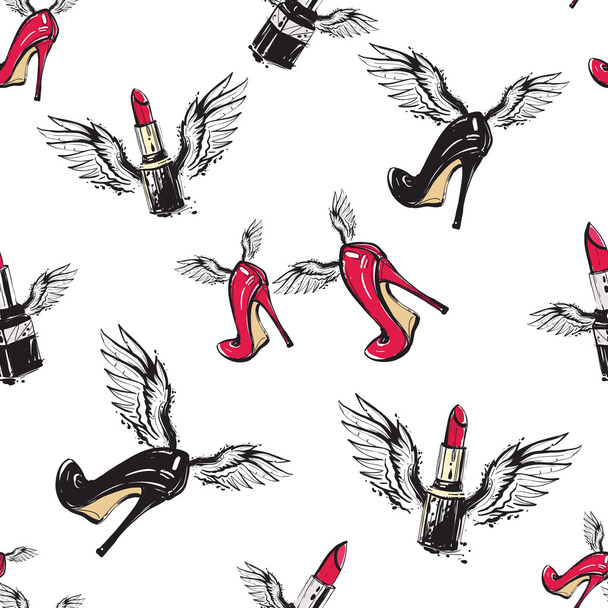 high heeled shoes with wings pattern - Вектор, зображення