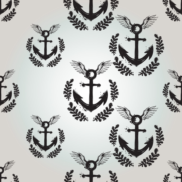 Hand drawn graphic flying laurel anchor pattern - Vector, afbeelding