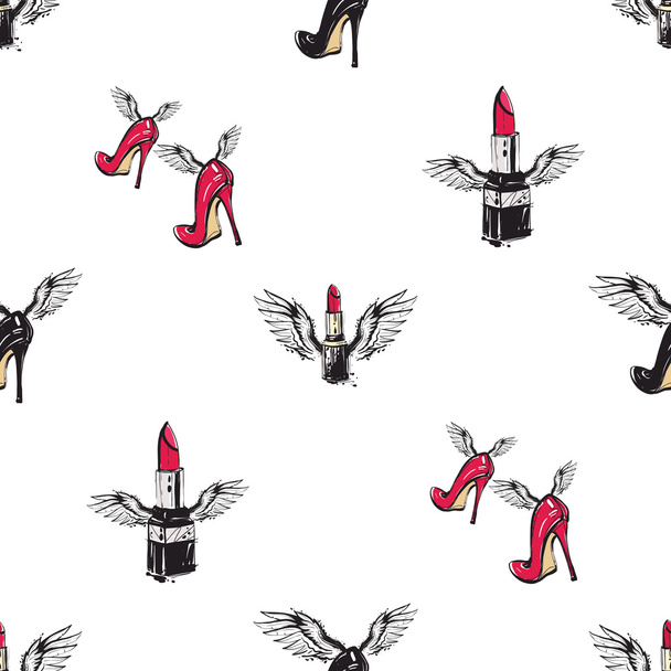 flying lipstick with angel wings pattern - Вектор,изображение