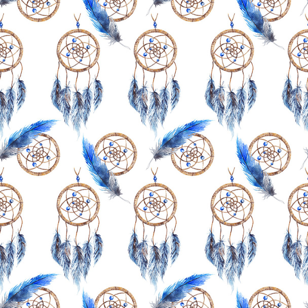 Watercolor ethnic tribal hand made feather dream catcher seamless pattern - Photo, Image