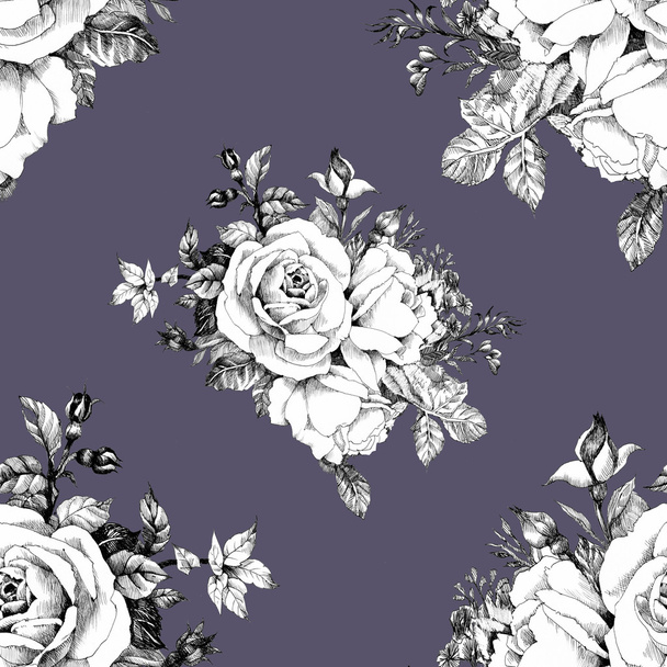 Seamless pattern with black and white roses - Zdjęcie, obraz